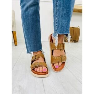 Forever Link Women's Double Strap Studded Platform Sandals Tan 6.5 New